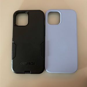 Two iPhone 12 cases - Black otterbox and light blue silicone